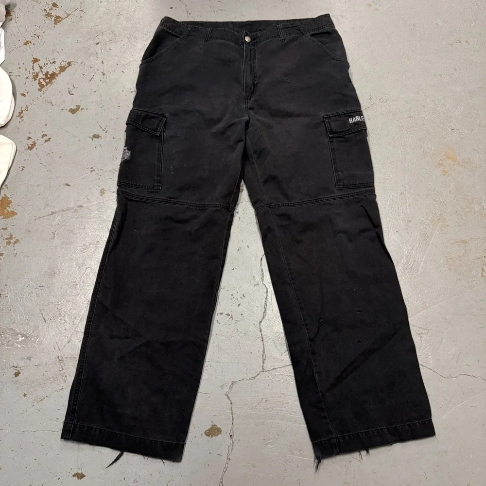 Harley Davidson Cargo Pants Black Faded Embroidered Wide Leg 36 x 32‎
